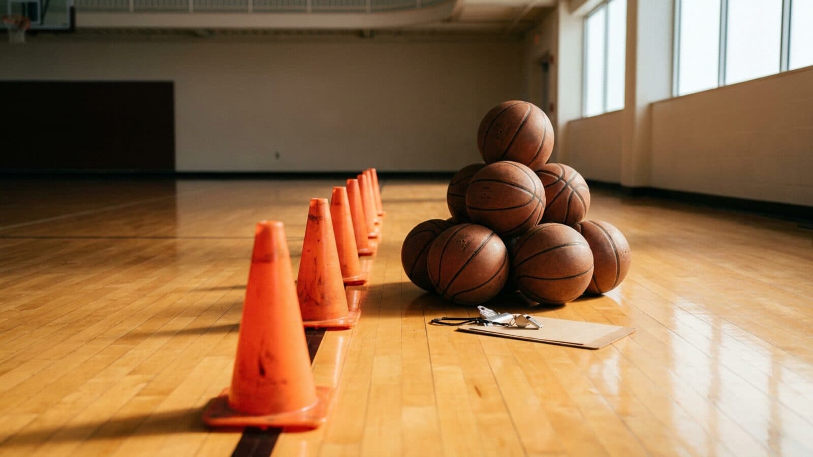 Training cones in a line beside a stack of basketballs, a clipboard and a whistle set out on indoor hardwood in morning light