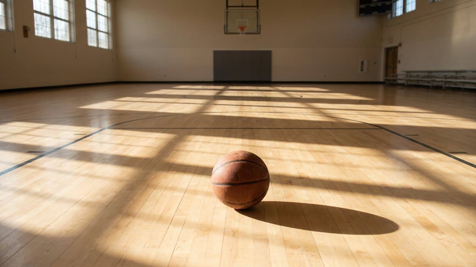 An empty indoor half court with a single ball at the free throw line, lit for an evening session