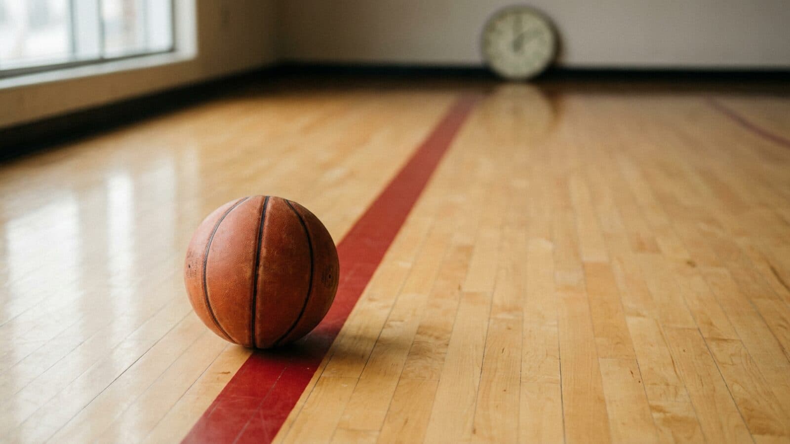 A basketball resting on pale hardwood beside a painted red boundary line, with a plain wall clock out of focus in the background