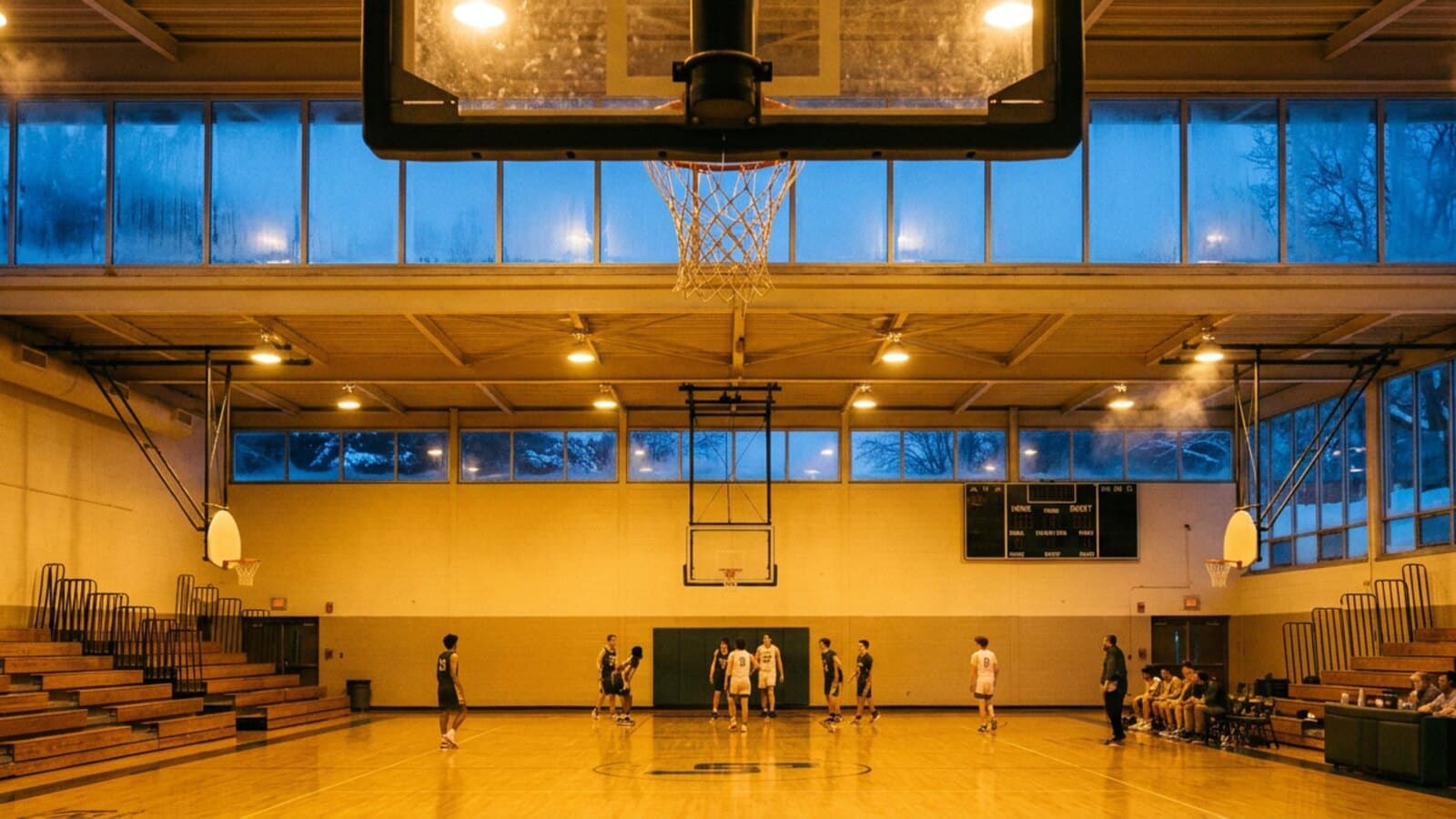 A warmly lit indoor basketball court seen from the baseline on a dark winter evening